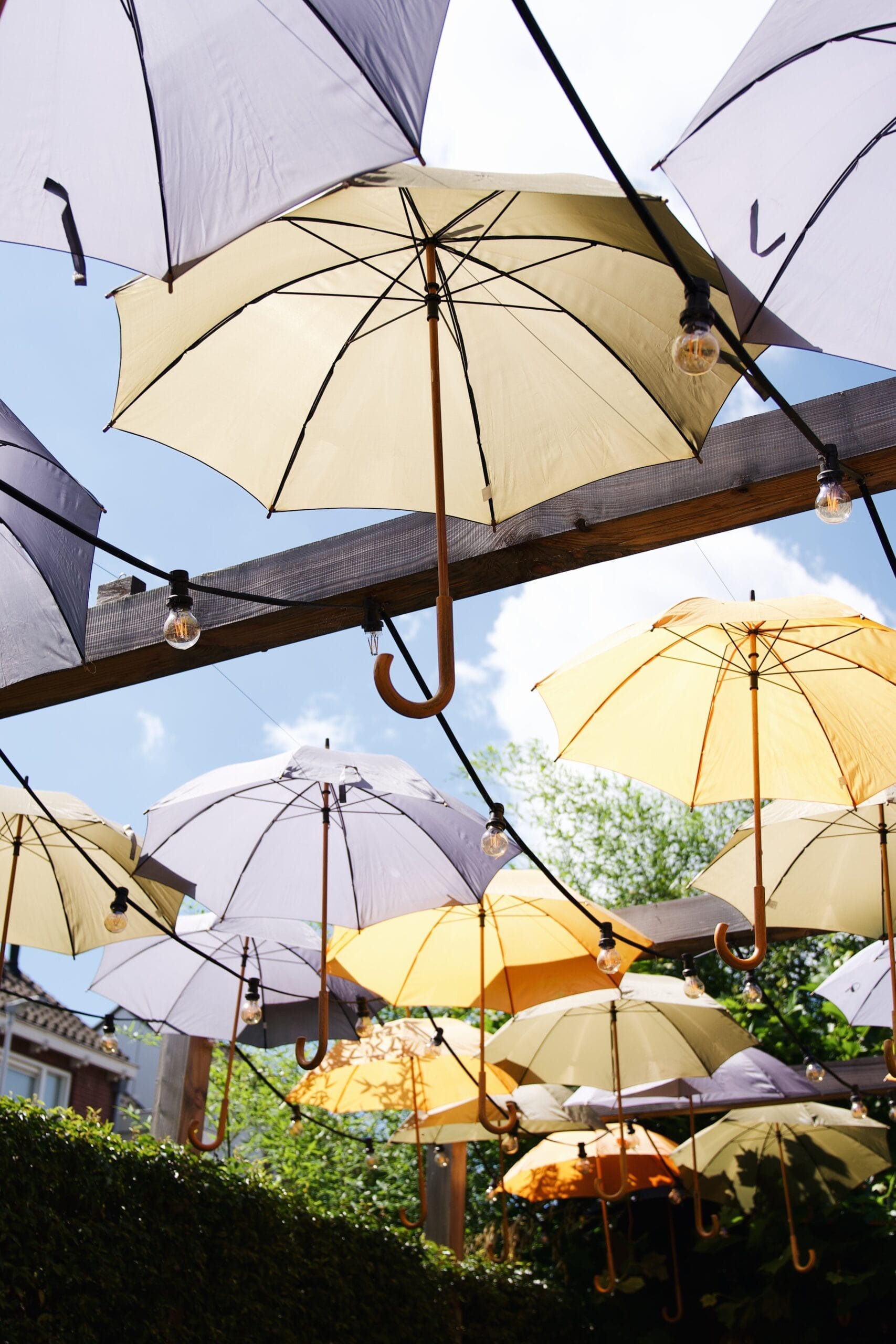 Paraplu's op het terras van Buurten in Oost in Utrecht